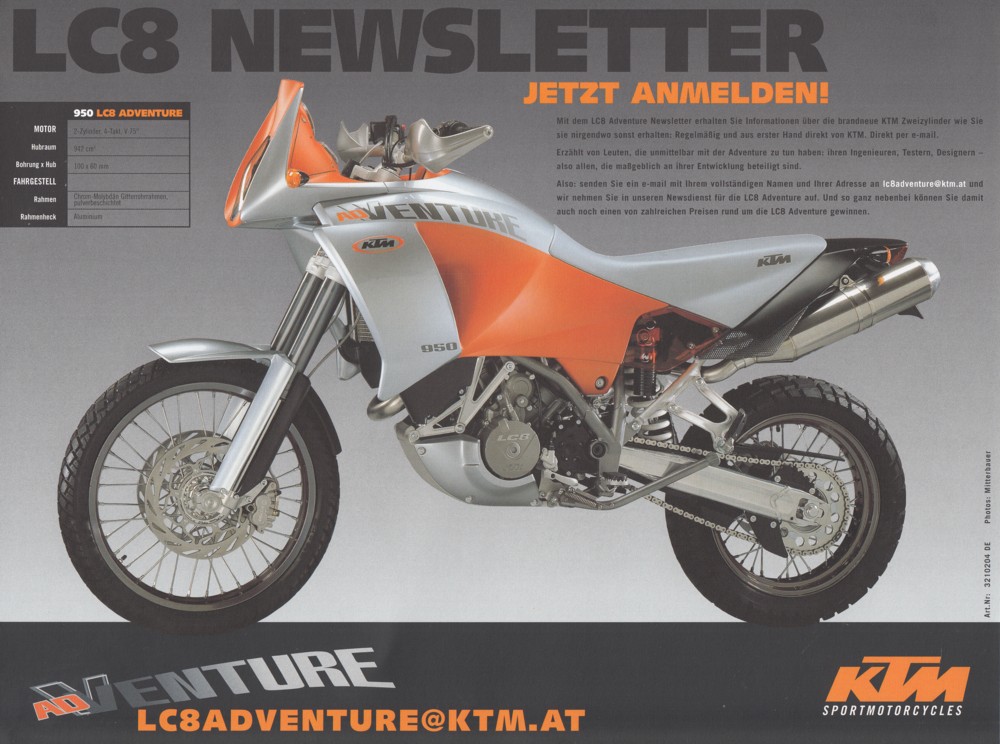 Original-KTM-Prospektflyer „LC8 Adventure Newsletter" zur KTM 950 Adventure, Launch-Zeit 2003