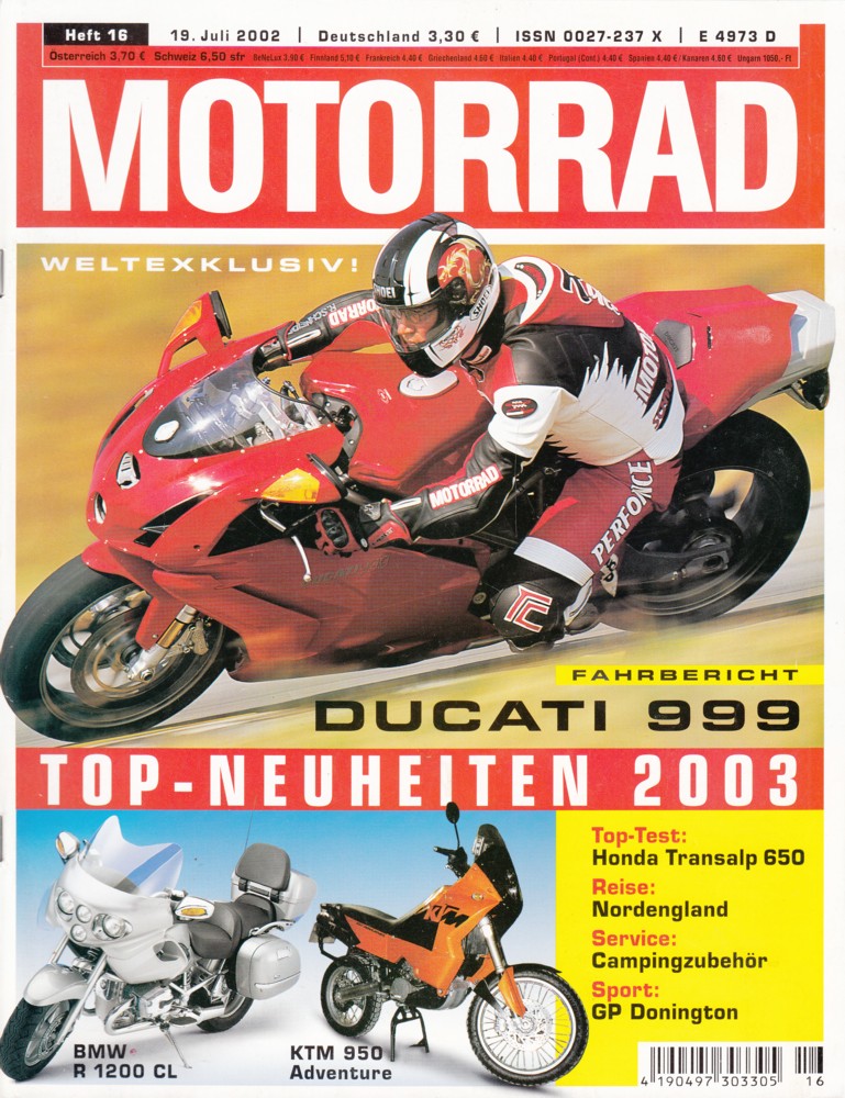 Titelseite der Zeitschrift MOTORRAD 16/2002 mit Ducati 999, BMW R 1200 CL und Ankündigung der KTM 950 Adventure als Top-Neuheit 2003