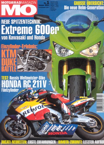 MO 1/2003 – Kawasaki ZX-6R Ninja mit 87 kW (118 PS) Test & Technik; KTM LC4 625, Duke Battle