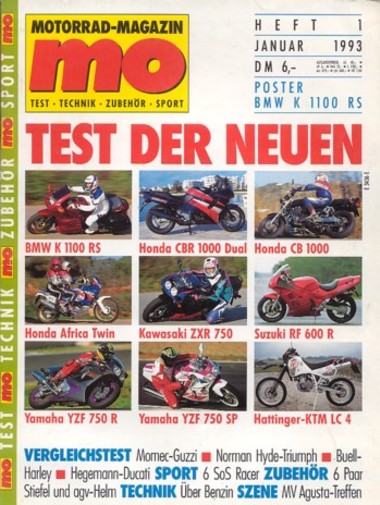 MO 1/1993 – BMW K 1100 RS mit 74 kW (100 PS) Test & Technik; Honda CBR 1000 F Dual mit 72 kW (98 PS) im Neuheiten-Test