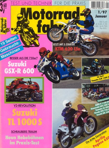 Motorradfahrer 1/1997 – Suzuki TL 1000 S; Suzuki GSX-R 600; Aprilia Pegaso 650; Test KTM LC4 620 LSe