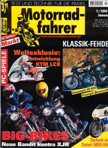 Motorradfahrer 1/2001 – Test Ducati Monster S4; Yamaha XP 500 Tmax; Honda CB 600 F Hornet; Kawasaki ZR-7
