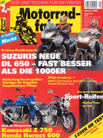 Motorradfahrer 1/2004 – Suzuki DL 650 V-Strom; Suzuki V-Strom 1000; BMW R 1150 R Rockster; Buell XB12S Lightning