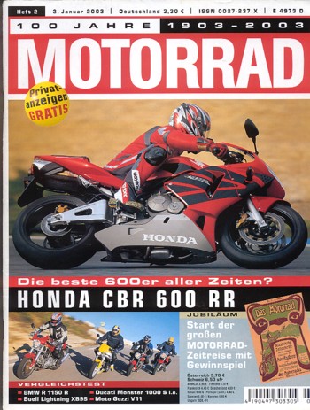 MOTORRAD 2/2003 – Test Honda CBR 600 RR; Test Honda Varadero 1000; Test Kawasaki ZX-6RR; BMW R 1150 R