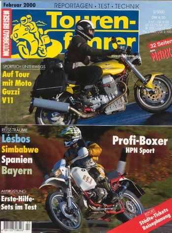 Tourenfahrer 2/2000 – Moto Guzzi V11 Sport mit 67 kW (91 PS) als Reise-Motorrad, BMW R 100 GS, hier als HPN-Sport, Probefahrt