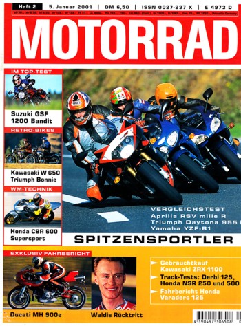MOTORRAD 2/2001 – Test Ducati MH 900e; Aprilia RSV Mille R; Triumph Daytona 955i; Yamaha YZF-R1
