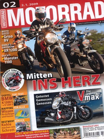 MOTORRAD 2/2009 – Test Yamaha Vmax; Test BMW K 1300 S; Ducati Monster 1100; Harley-Davidson XR 1200