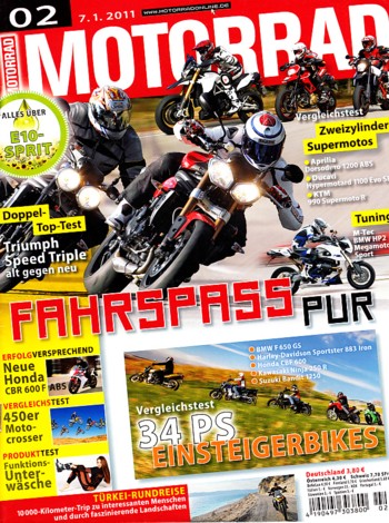 MOTORRAD 2/2011 – Vorstellung Honda CBR 600 F; Test Triumph Speed Triple; BMW F 650 GS; Harley-Davidson Iron 883