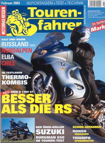 Tourenfahrer 2/2003 – Suzuki AN 650 Burgman mit 40,5 kW (55 PS) als Reise-Roller, BMW K 1200 GT mit 96 kW (130 PS) im Test