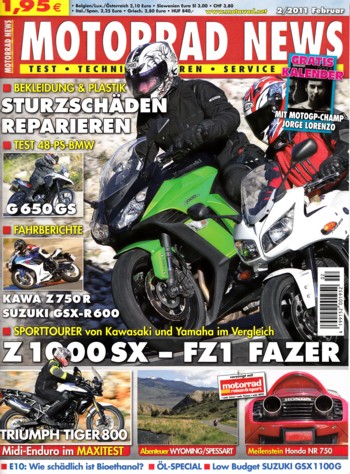 MOTORRAD NEWS 2/2011 – Yamaha FZ1 Fazer mit 110 kW (150 PS) im Vergleichstest; Kawasaki Z 1000 SX mit 102 kW (138 PS) im Vergleichstest; Kawasaki Z 750 R mit 78 kW (106 PS) Test & Technik