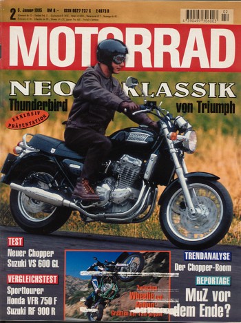 MOTORRAD 2/1995 – Triumph Thunderbird 900; Test Harris Streetfighter; Test Suzuki VS 600 GL Intruder; Honda VFR 750 F