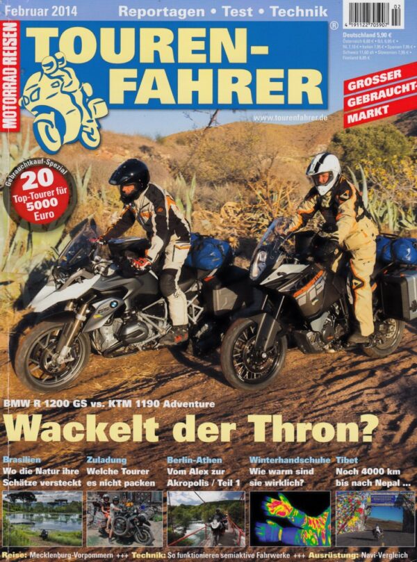 TOURENFAHRER 2/2014 – BMW R 1200 GS mit 92 kW (125 PS) im Vergleichstest, KTM 1190 Adventure mit 110 kW (150 PS) im Vergleichstest