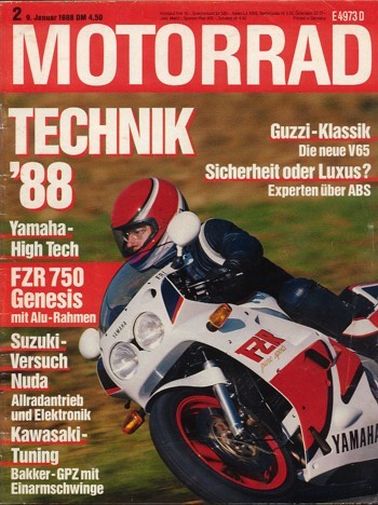 MOTORRAD 2/1988 – Kawasaki GPZ 1000 RX, hier von Bakker getunt; Test Yamaha FZR 750 R; Test Moto Guzzi V 65; Test Bajaj Chetak