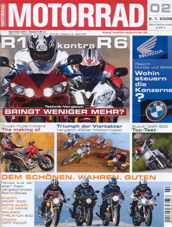 MOTORRAD 2/2006 – Ducati Hypermotard 1100 / S, die Entstehungsgeschichte; Vergleich Yamaha YZF-R1; Vergleich Yamaha YZF-R6