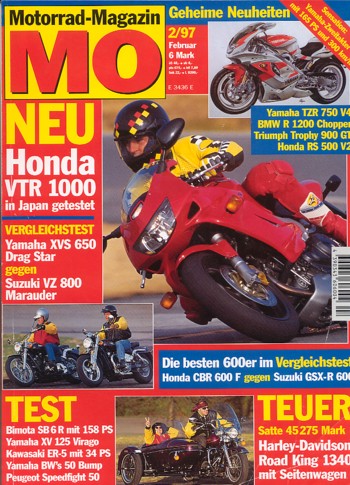 MO 2/1997 – Bimota SB6 R mit 107 kW (145 PS) Test & Technik; Honda VTR 1000 F Firestorm mit 81 kW (110 PS) Test & Technik