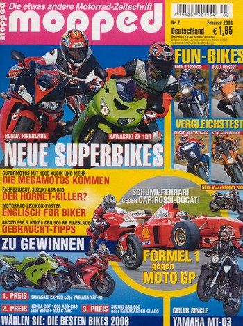 mopped 2/2006 – Buell XB12X Ulysses mit 75 kW (101 PS) im Vergleichstest, Ducati Multistrada 1000 S DS mit 68 kW (92 PS) im Vergleichstest