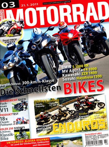 MOTORRAD 3/2011 – Test Ducati Diavel; Ducati 1198 SP; KTM 1190 RC8 R; Moto Guzzi V11 Sport, hier von Guzziladen als Flacheisen veredelt