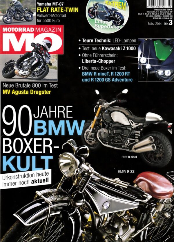 MO 3/2014 – BMW R nineT mit 81 kW (110 PS) Test & Technik; Yamaha MT-07 mit 55 kW (75 PS) im Test
