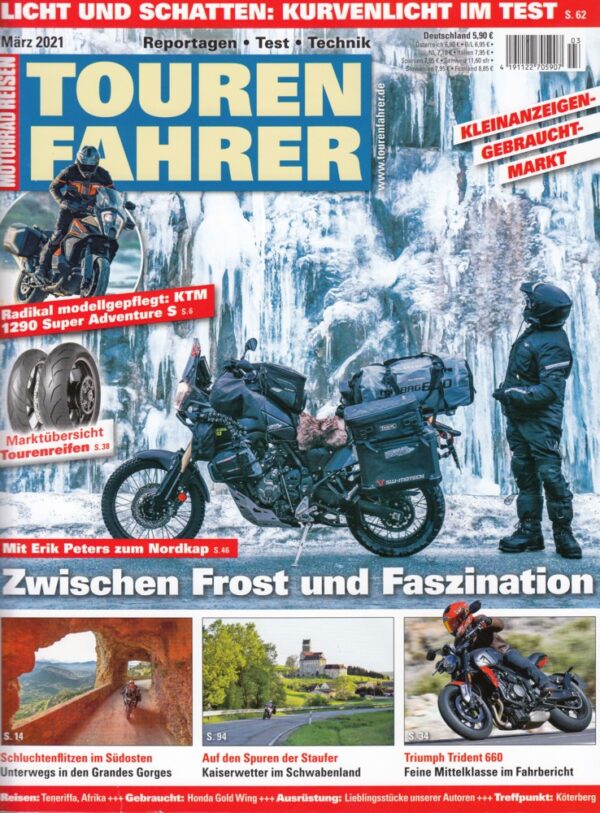 TOURENFAHRER 3/2021 – KTM 890 Adventure mit 77 kW (105 PS) Test & Technik, Triumph Trident 660 mit 60 kW (81 PS) im Test