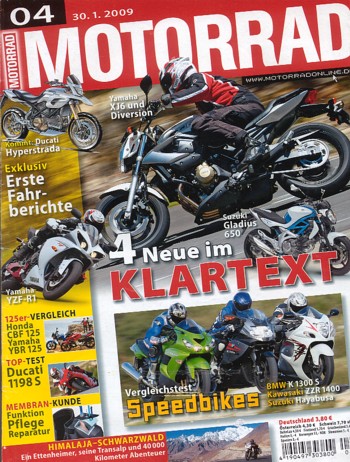 MOTORRAD 4/2009 – Test Ducati 1198 S; Test Yamaha YZF-R1; Test Yamaha XJ6 / XJ6 Diversion; Test Suzuki Gladius