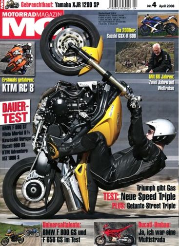 MO 4/2008 – KTM 1190 RC8 mit 113 kW (155 PS) im Test; Suzuki GSX-R 600 mit 92 kW (125 PS) im Test