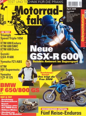 Motorradfahrer 4/2008 – Triumph Speed Triple 1050 mit 97 kW (132 PS) Test & Technik; KTM 690 Enduro mit 46,3 kW (63 PS) Test & Technik
