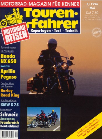 Tourenfahrer 5/1996 – Aprilia Pegaso 650 mit 29 kW (39,4 PS) im Vergleichstest, Honda NX 650 Dominator mit 32 kW (43 PS) im Vergleichstest