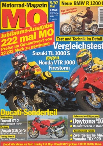 MO 5/1997 – Honda VTR 1000 F Firestorm mit 72 kW (98 PS) im Vergleichstest; Suzuki TL 1000 S mit 72 kW (98 PS) im Vergleichstest