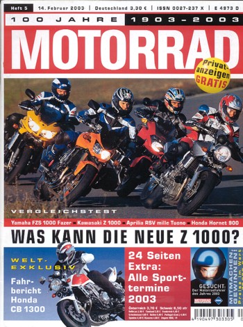MOTORRAD 5/2003 – Test Honda CB 1300; Aprilia RSV Mille Tuono; Honda CB 900 F Hornet; Kawasaki Z 1000