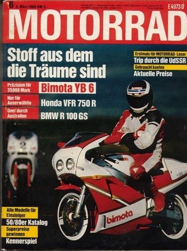 MOTORRAD 6/1988 – Test Bimota YB6; Test Honda VT 1100 C Shadow; BMW R 100 GS; Test Honda GL 1500/6 Gold Wing