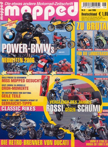 mopped 6/2005 – Honda CBR 1000 RR FireBlade mit 126 kW (171 PS) im Vergleichstest, Suzuki GSX-R 1000 mit 131 kW (178 PS) im Vergleichstest