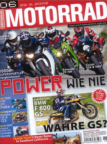 MOTORRAD 6/2008 – Test BMW F 800 GS; Honda Fireblade; Kawasaki Ninja ZX-10R; Yamaha YZF-R1