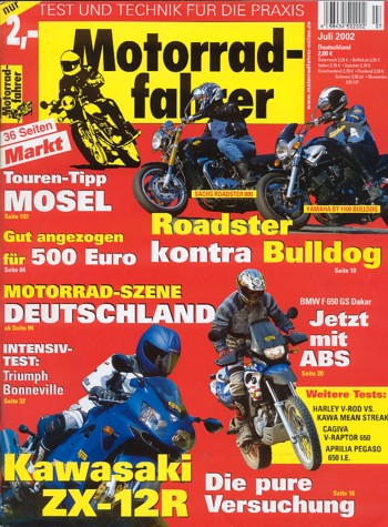 Motorradfahrer 7/2002 – Sachs Roadster 800; Yamaha BT 1100 Bulldog; Test Kawasaki ZX-12R Ninja; Test BMW F 650 GS Dakar