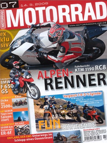 MOTORRAD 7/2008 – Test KTM 1190 RC8; Test Suzuki GSX-R 600; Test BMW F 650 GS; KTM 690 Duke