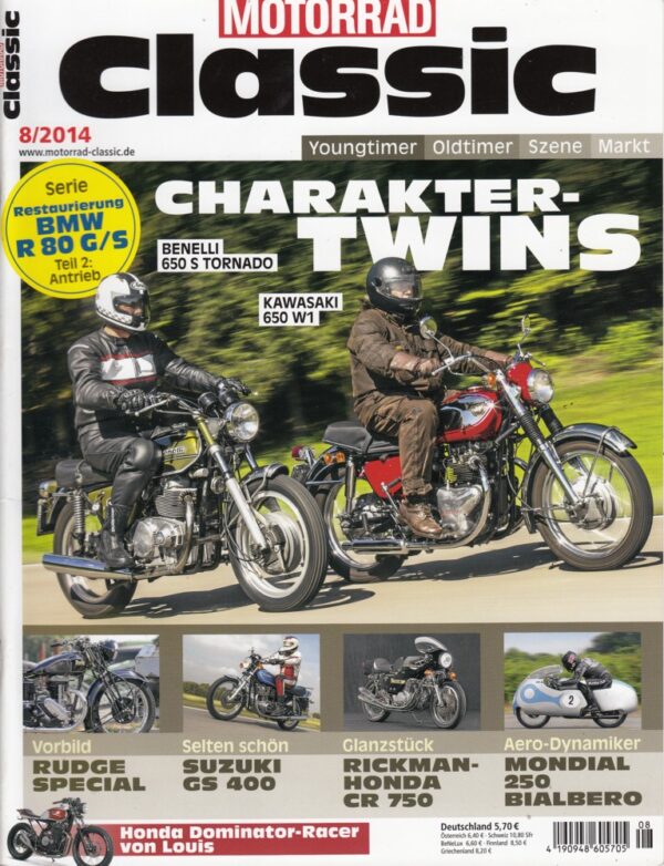 MOTORRAD CLASSIC 8/2014 – Vergleich Benelli 650 S Tornado, hier; Vergleich Kawasaki 650 W1, hier