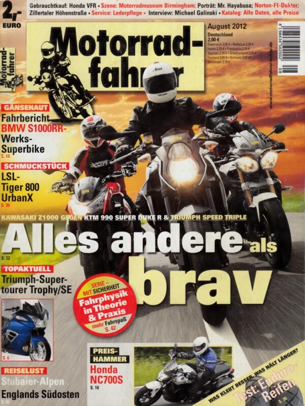Motorradfahrer 8/2012 – BMW S 1000 RR, hier als Superbike; Triumph Tiger 800, hier getunt von LSL als Urban X