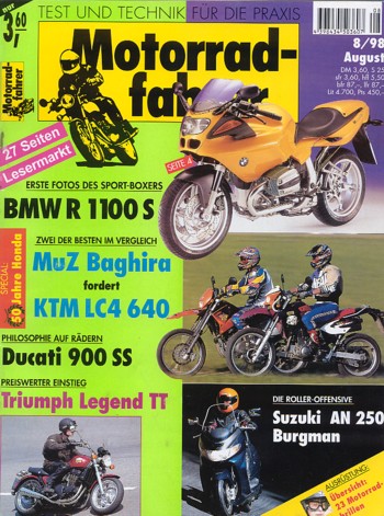 Motorradfahrer 8/1998 – Suzuki AN 250; KTM LC4 640; MZ 660 Baghira; Test Triumph Legend TT