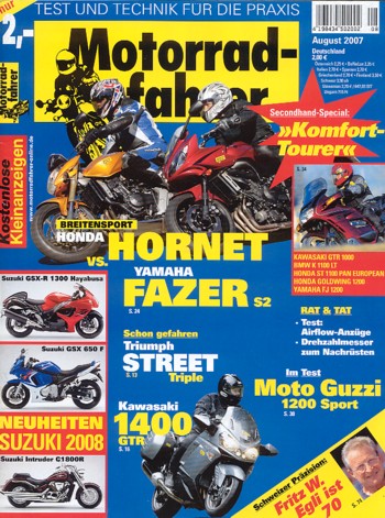 Motorradfahrer 8/2007 – Triumph Street Triple mit 78 kW (106 PS) Probefahrt; Kawasaki 1400 GTR mit 114 kW (155 PS) Probefahrt