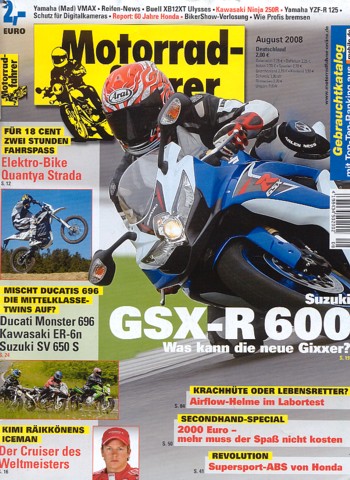 Motorradfahrer 8/2008 – Quantya Track / Strada mit 16,8 / 8,5  kW, Test & Technik; Walz Custombike Iceman mit 90 PS, Test & Technik