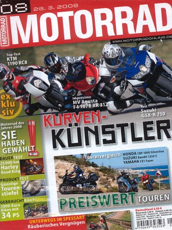 MOTORRAD 8/2008 – Test KTM 1190 RC8; Honda CBF 1000 Silverline; Suzuki Bandit 1250 S; Yamaha FZ1 Fazer