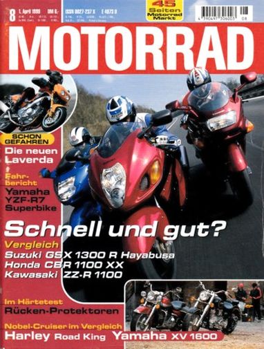 MOTORRAD 8/1999 – Honda CBR 1100 XX; Kawasaki ZZ-R 1100; Suzuki GSX 1300 R Hayabusa; Harley-Davidson Road King Classic
