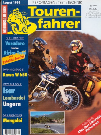 Tourenfahrer 8/1999 – Honda XRV 750 Africa Twin mit 44 kW (60 PS) im Vergleichstest, Kawasaki W 650 mit 37 kW (50 PS) als Reise-Motorrad