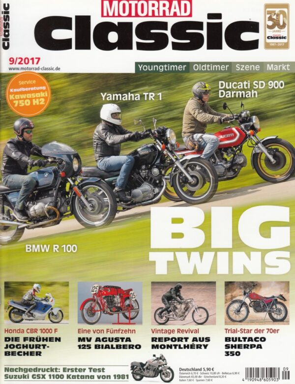 MOTORRAD Classic 9/2017 – Big Twins: Yamaha TR1, Ducati SD 900, BMW R100, MV Agusta Bialbero, Bultaco Sherpa
