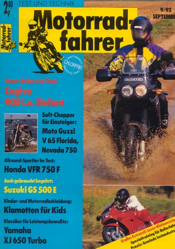Motorradfahrer 9/1992 – Test Honda VFR 750 F; Test Cagiva Elefant 900 i.e.; Moto Guzzi V 65 Florida, Probefahrt