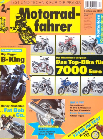 Motorradfahrer 9/2007 – Suzuki B-King mit 135 kW (183,6 PS) Test & Technik; Harley-Davidson Dyna Fat Bob mit 57 kW (78 PS) Test & Technik