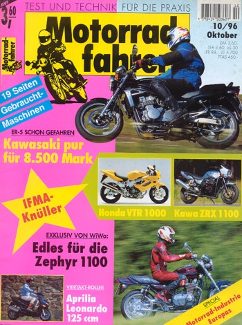 Motorradfahrer 10/1996 – Kawasaki ER-5; Kawasaki Zephyr 1100, hier von WiWo getunt, Probefahrt; Kawasaki ZX-6R Ninja; Aprilia Leonardo 125