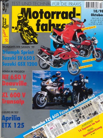 Motorradfahrer 10/1998 – Test Yamaha FZS 600 Fazer; Honda NT 650 V Deauville; Honda XL 600 V Transalp; Aprilia ETX 125