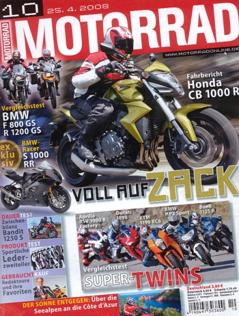 MOTORRAD 10/2008 – Test Honda CB 1000 R; Aprilia RSV 1000 R Factory; BMW HP2 Sport; Buell 1125 R