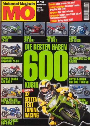 MO 11/1998 – Kawasaki ZX-6R Ninja mit 79 kW (108 PS) im Vergleichstest; Honda CBR 600 F mit 77 kW (105 PS) im Vergleichstest