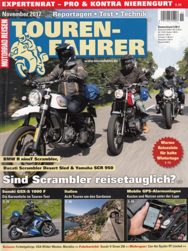 TOURENFAHRER 11/2017 – BMW R nineT Scrambler mit 81 kW (110 PS) im Vergleichstest, Yamaha SCR 950 mit 30 kW (54 PS) im Vergleichstest